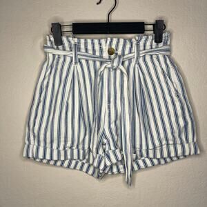 American Eagle Striped Blue & White Paperbag Shorts Womens Belted - Size 00